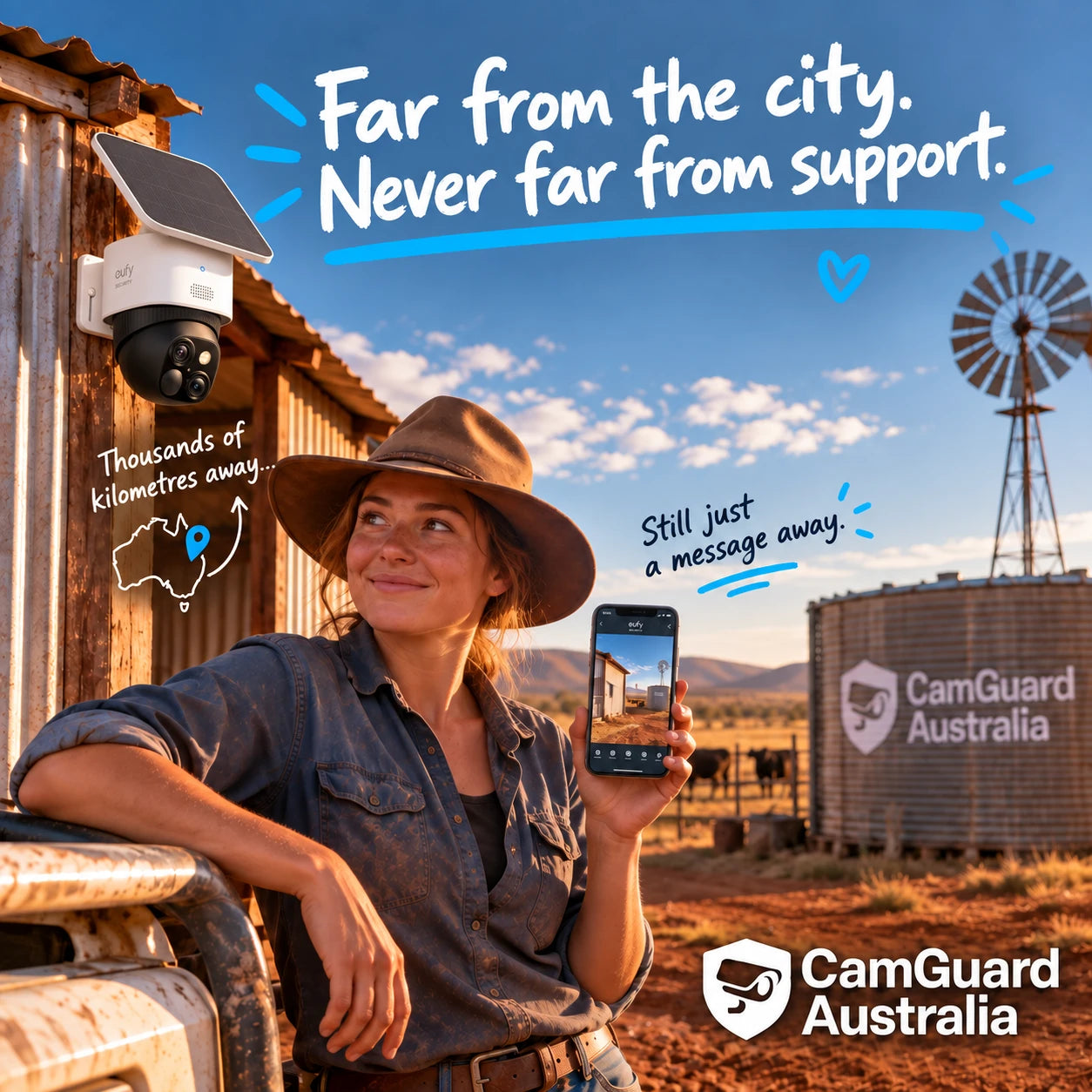 CamGuard Australia: Far from the city. Never far from support. A customer beside a rural shed with her security camera.