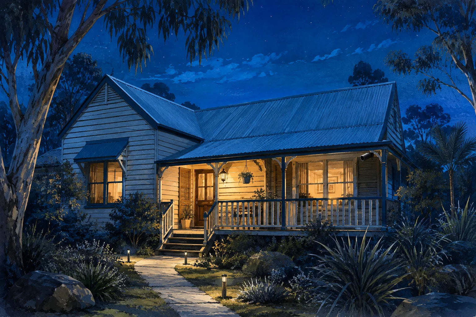 Painted Queensland home at blue hour, with a warm verandah light and a garden path.