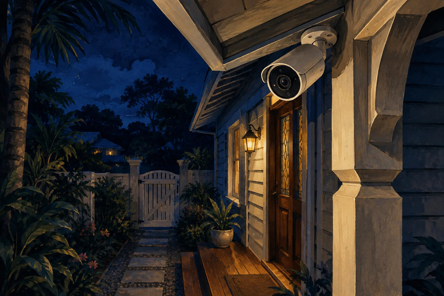 Illustrated camera beneath a verandah eave, beside an entrance and front gate.