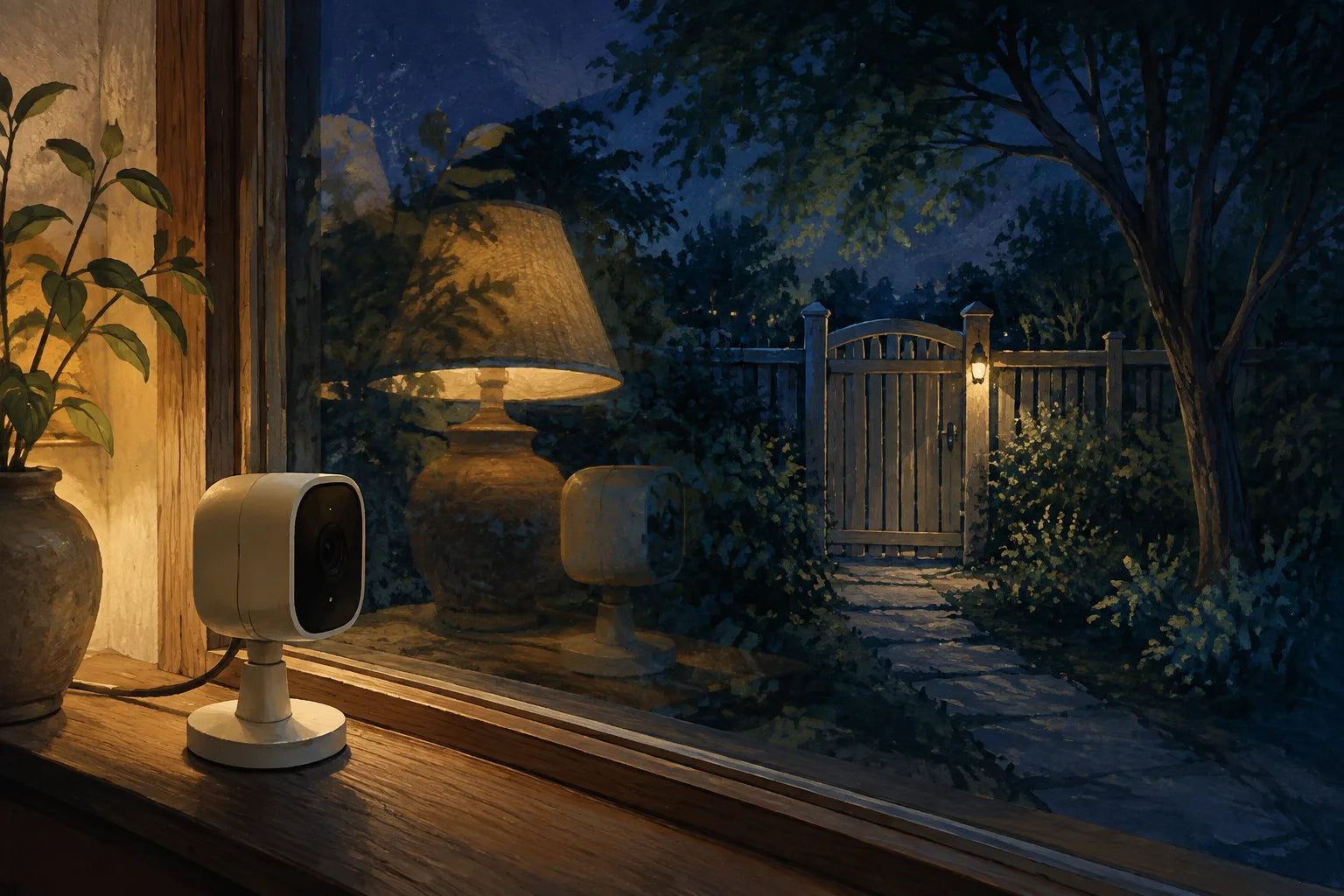 Illustration of room reflections competing with the garden view through a window at night.