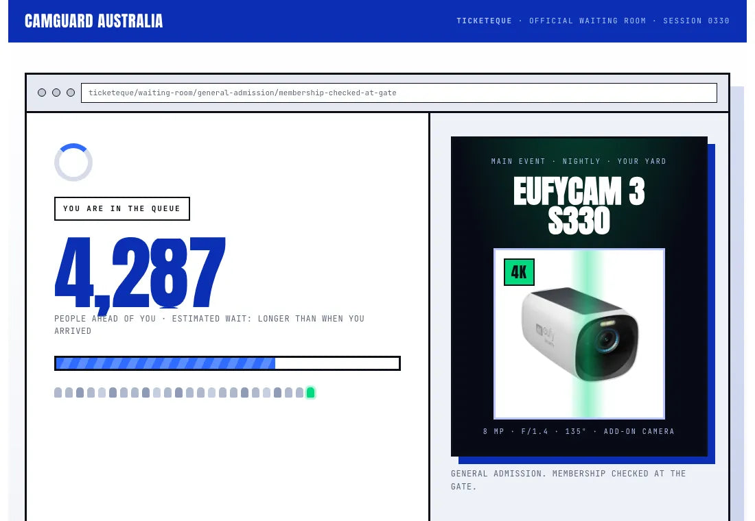 The S330 product page, styled as an online ticket queue with 4,287 people ahead