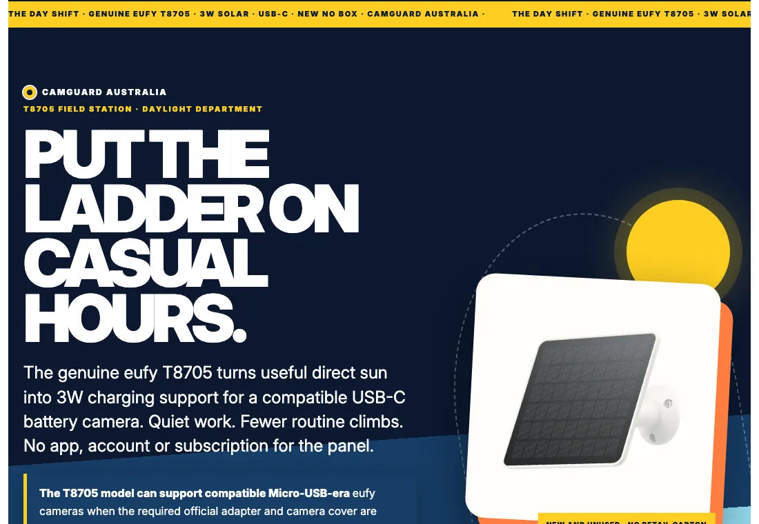 The T8705 solar panel product page, styled as a day-shift field station