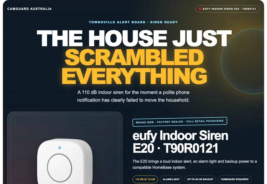 The indoor siren product page, styled as an alert board over a household scramble