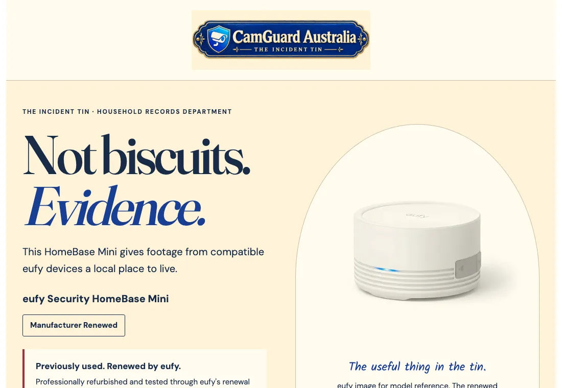The renewed HomeBase Mini product page, styled as a household records tin