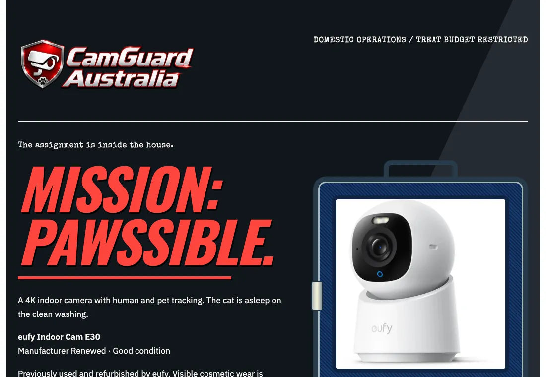 The renewed E30 indoor camera product page, styled as a pet spy mission briefing