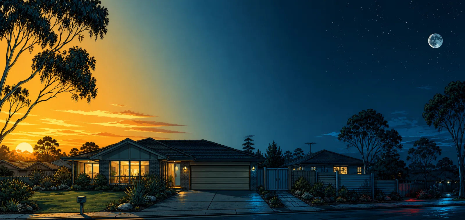 An editorial illustration of an Australian suburban home transitioning from late afternoon to 3 am