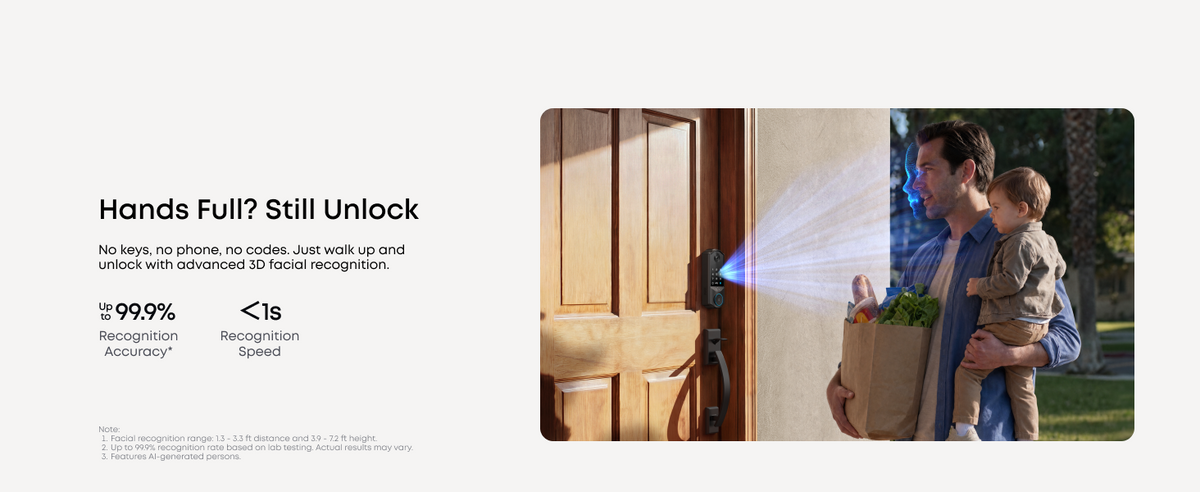 Official eufy Smart Lock E40 hands-full facial-unlock illustration; manufacturer lab-test and recognition-range notes apply.