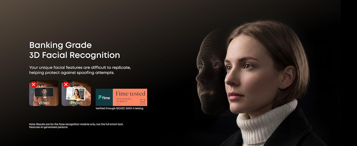 Official eufy Smart Lock E40 facial-recognition feature graphic; test certification applies to the recognition module, not the whole lock.