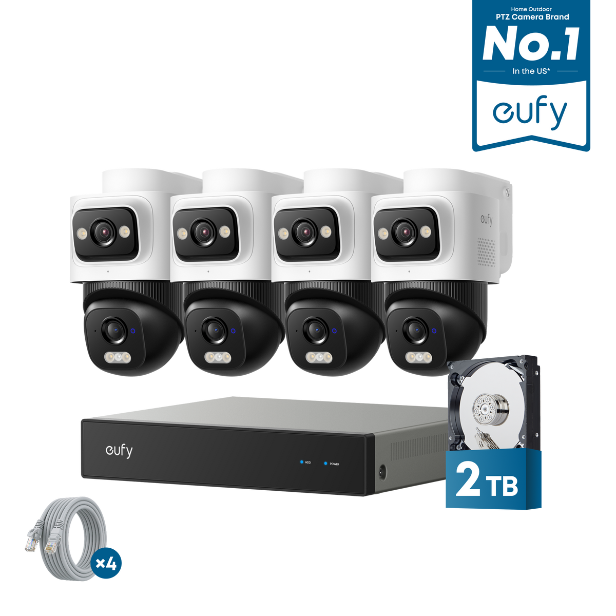 eufy NVR Security System E50 four-camera kit with NVR, hard drive and cable loops, official product render