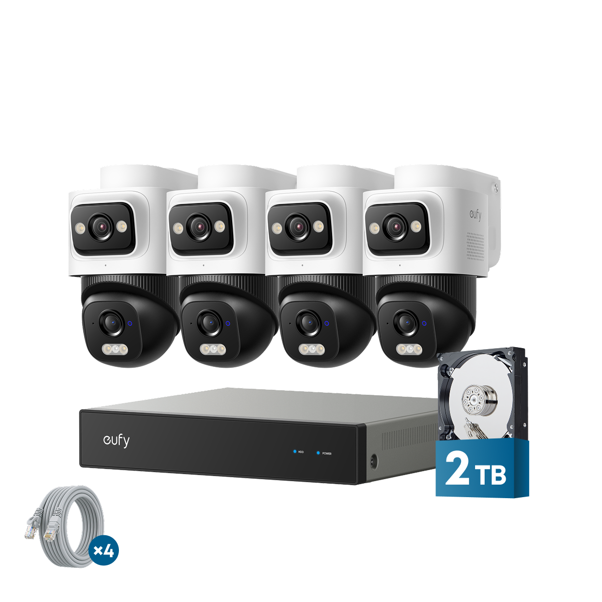 eufy NVR Security System E50 four dual-lens cameras with NVR and installed 2TB hard drive, official product render