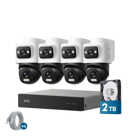 eufy NVR Security System E50 four dual-lens cameras with NVR and installed 2TB hard drive, official product render