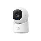 White eufy Indoor Cam C220, front three-quarter view. Manufacturer reference; renewed Good-condition unit may show cosmetic marks.
