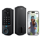 eufy Smart Lock E40 front and rear lock with app view, official product render; phone is illustrative