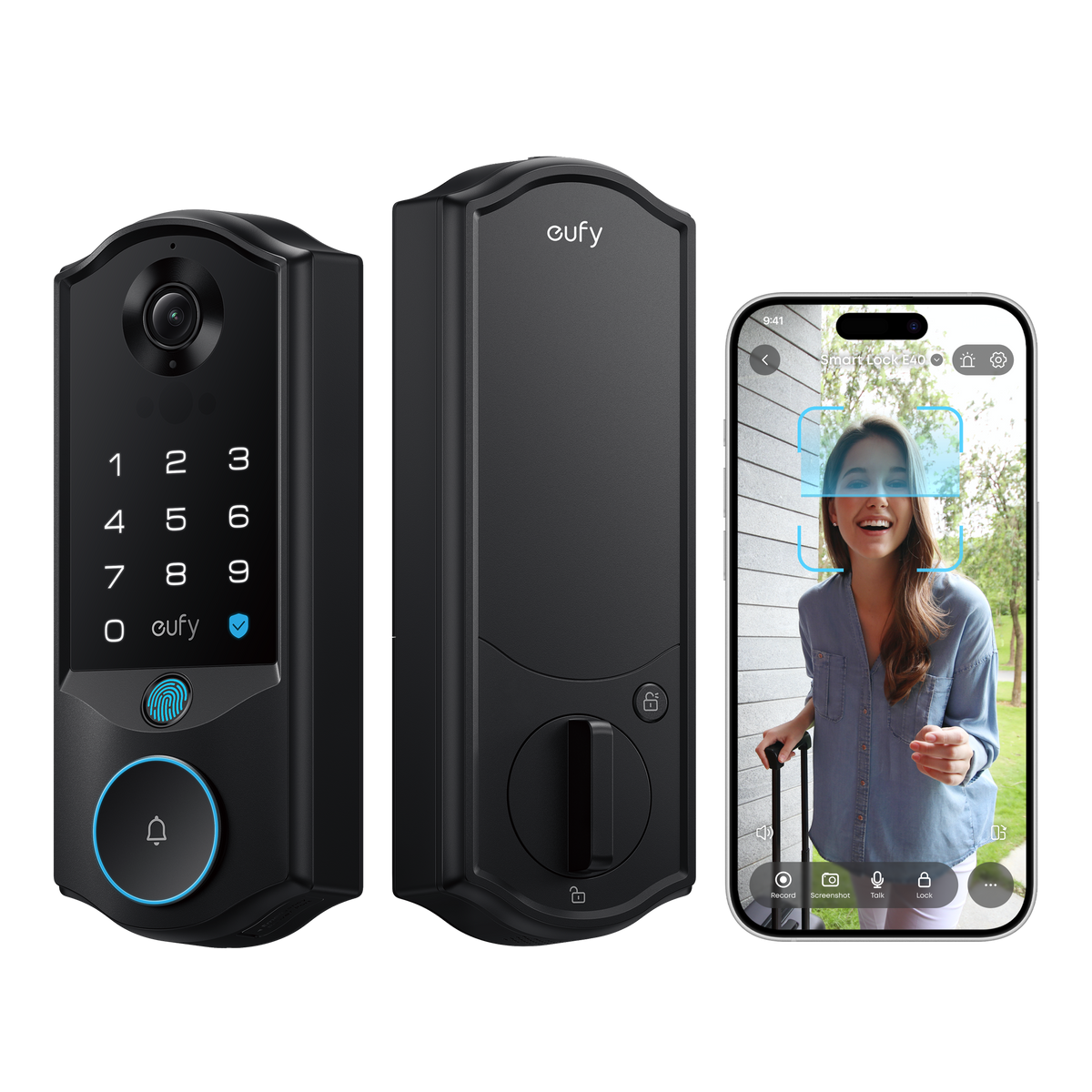 eufy Smart Lock E40 front and rear lock with app view, official product render; phone is illustrative