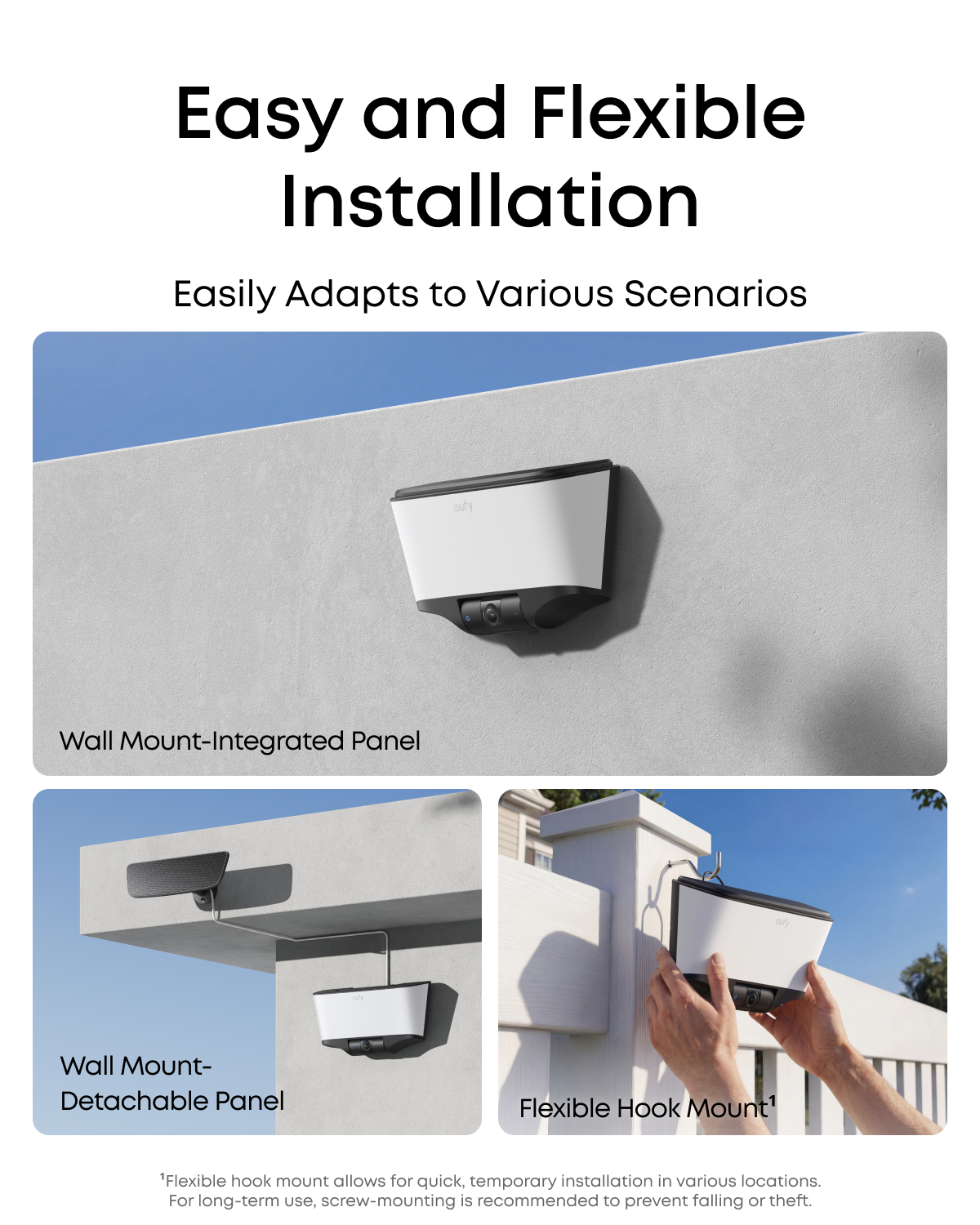 Official eufy Wall Light Cam S4 solar-panel installation options.