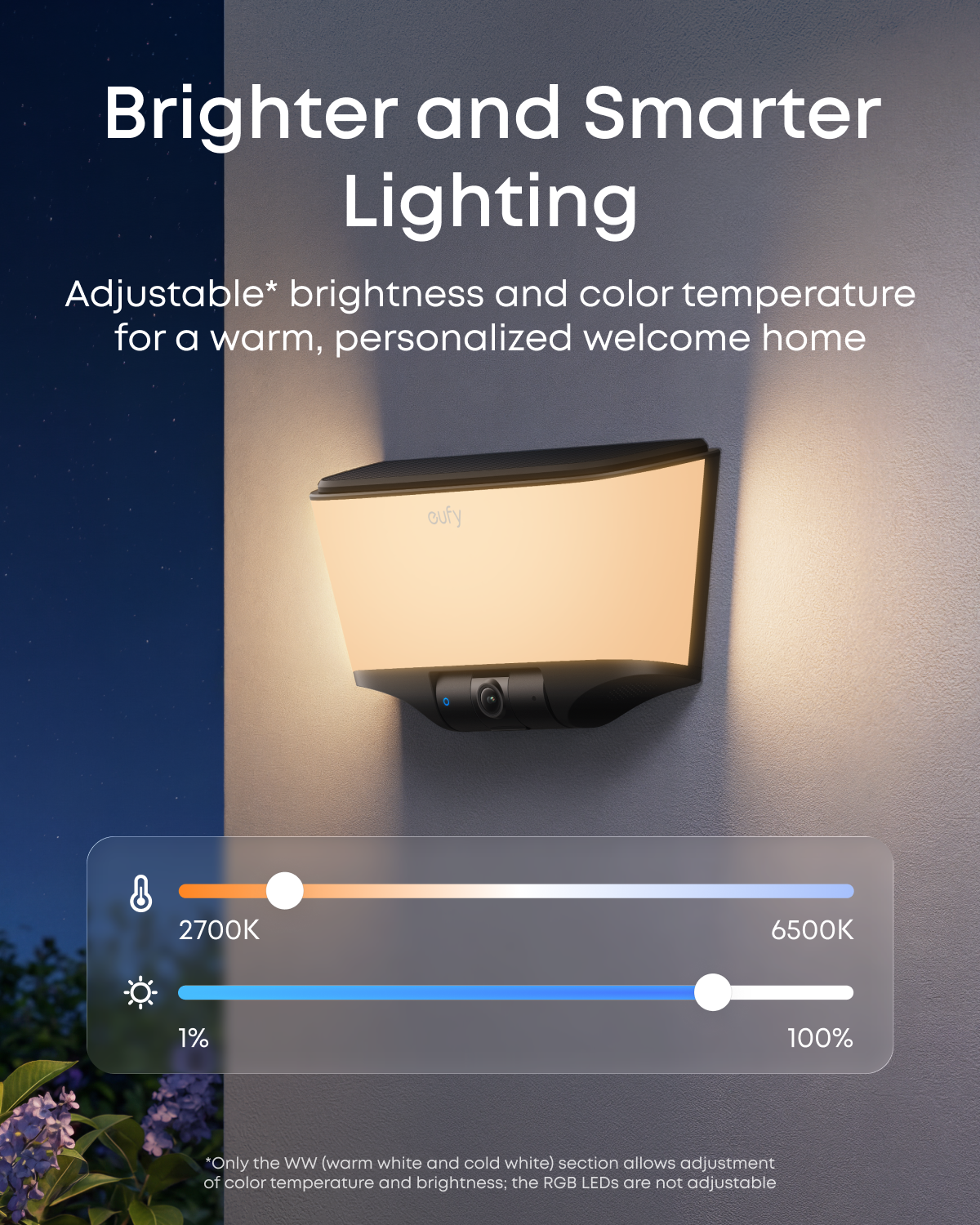 Official eufy Wall Light Cam S4 adjustable lighting brightness and colour temperature.