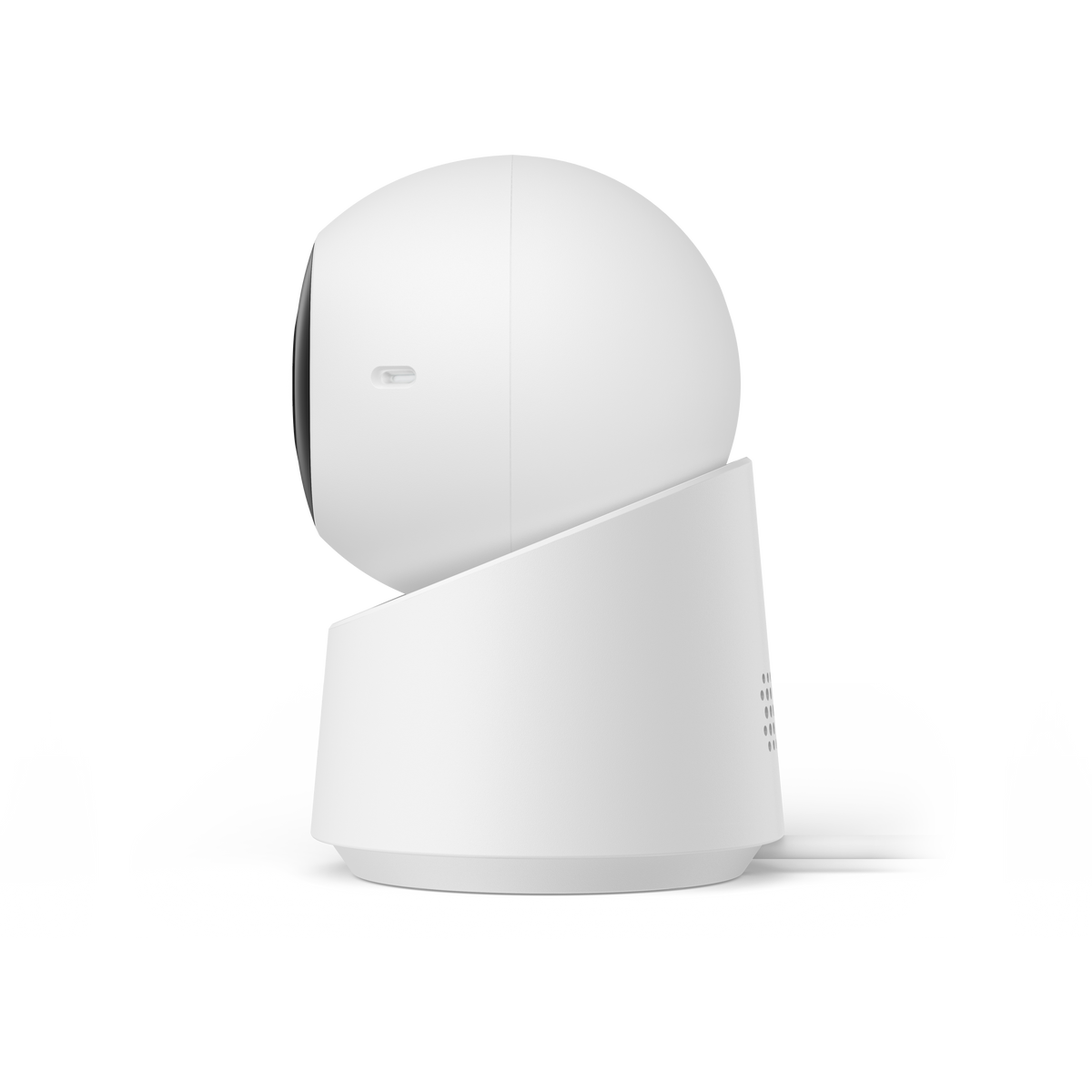 White eufy Indoor Cam C220, right side profile. Manufacturer reference; renewed Good-condition unit may show cosmetic marks.