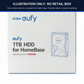 Illustration of a eufy 1TB HDD for HomeBase box with a note across the top: illustration only, no retail box. The drive ships bare in a sealed anti-static bag with a Toshiba label and no eufy branding