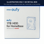 Illustration of a eufy 1TB HDD for HomeBase box with a note across the top: illustration only, no retail box. The drive ships bare in a sealed anti-static bag with a Toshiba label and no eufy branding