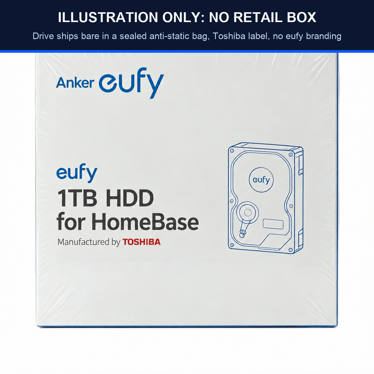 Illustration of a eufy 1TB HDD for HomeBase box with a note across the top: illustration only, no retail box. The drive ships bare in a sealed anti-static bag with a Toshiba label and no eufy branding
