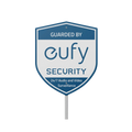 eufy Security yard sign with stake, blue-and-white shield with printed surveillance notice; physical sign only
