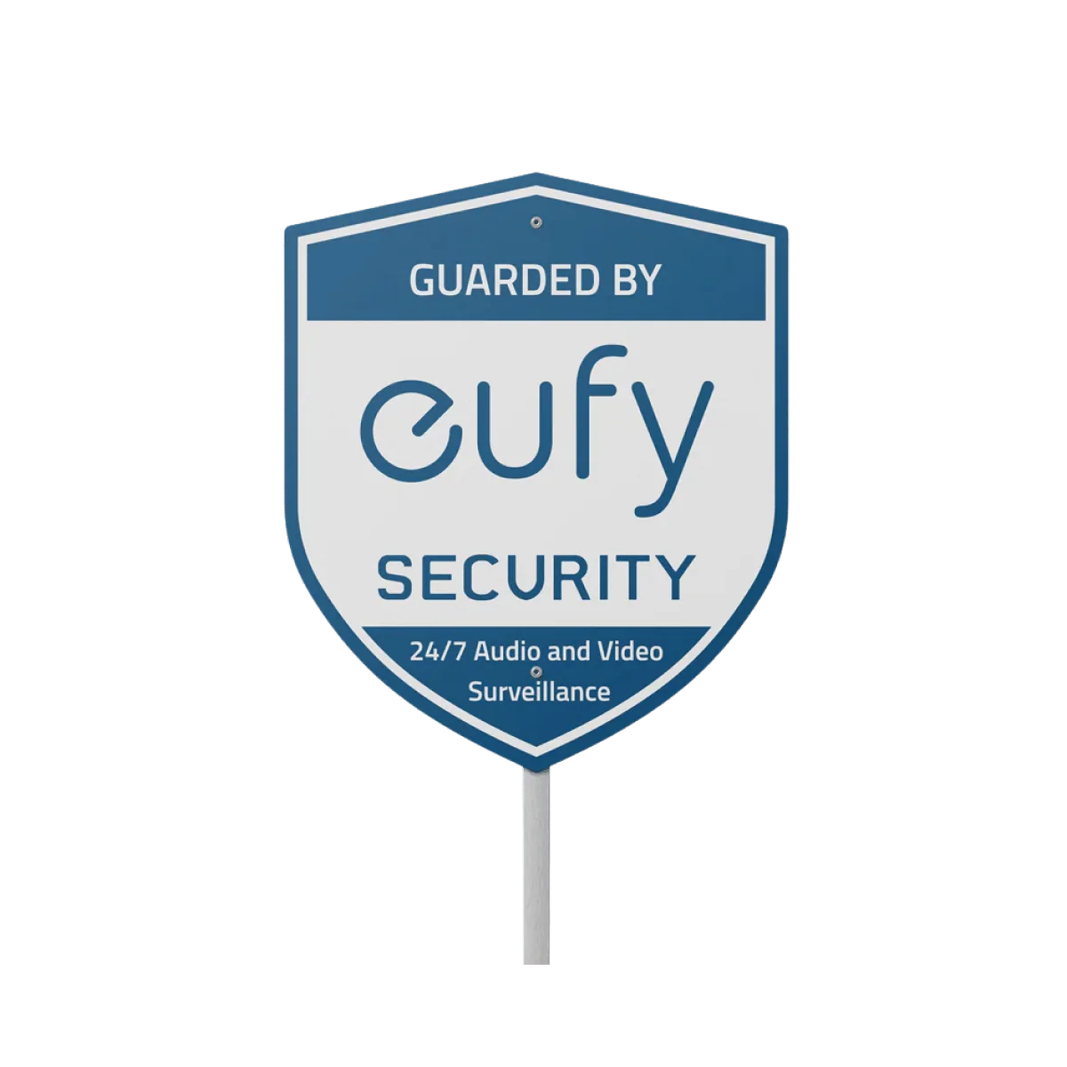 eufy Security yard sign with stake, blue-and-white shield with printed surveillance notice; physical sign only