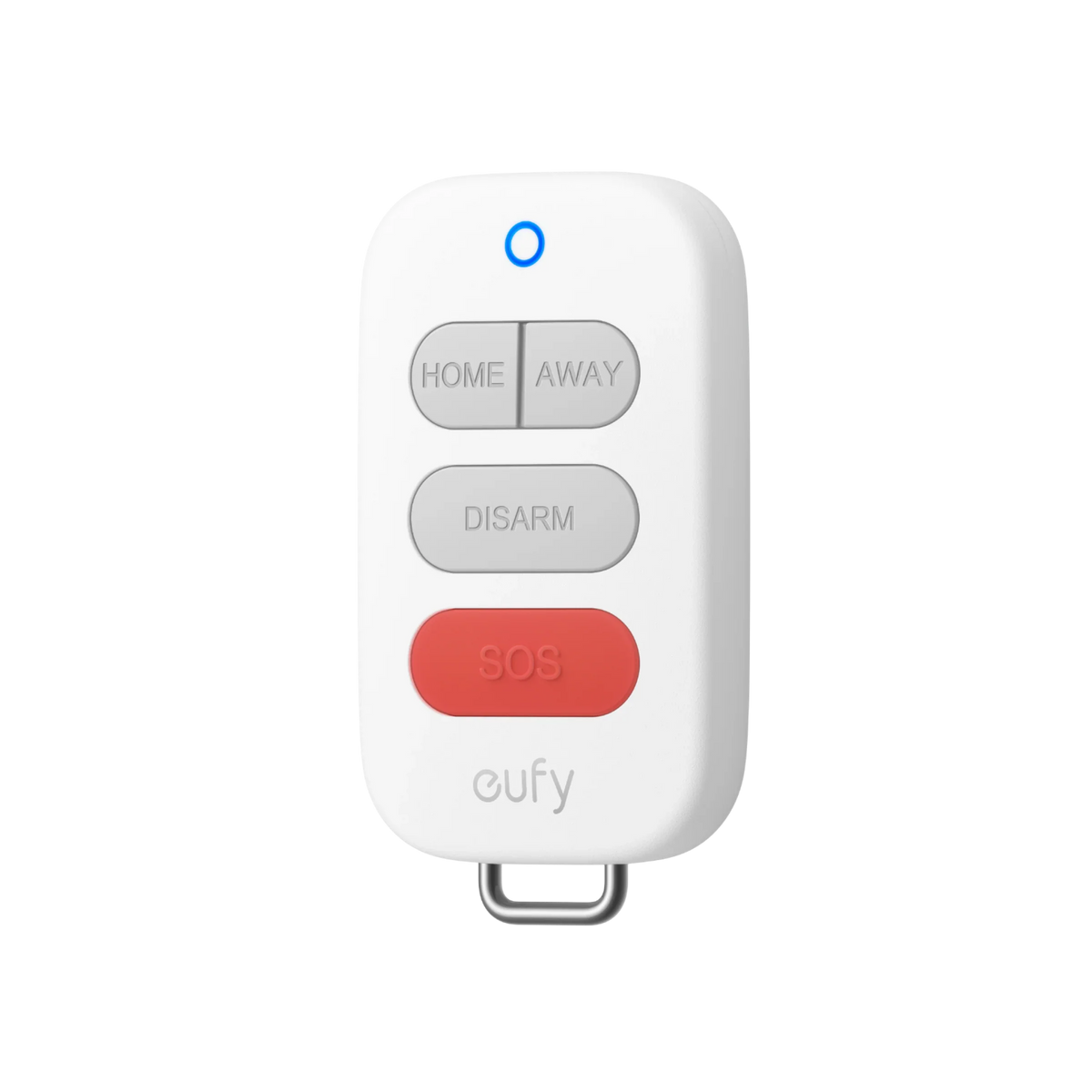 White eufy Key Fob E10 with Home, Away, Disarm and SOS buttons; product reference image