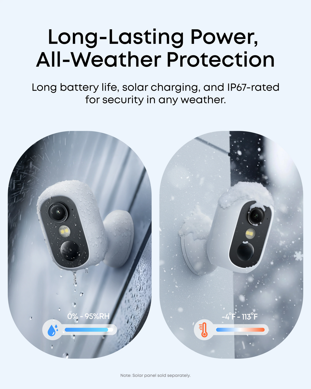 eufyCam C35 rechargeable battery and IP67 weather-resistance illustration; solar panel sold separately