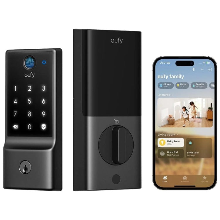 eufy Smart Lock E30 (T85F1) exterior fingerprint keypad and interior assembly with eufy app illustration. Manufacturer catalogue image; phone not included.
