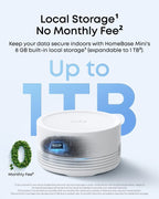 eufy HomeBase Mini storage diagram: 8GB built in, microSD expansion up to 1TB; card sold separately