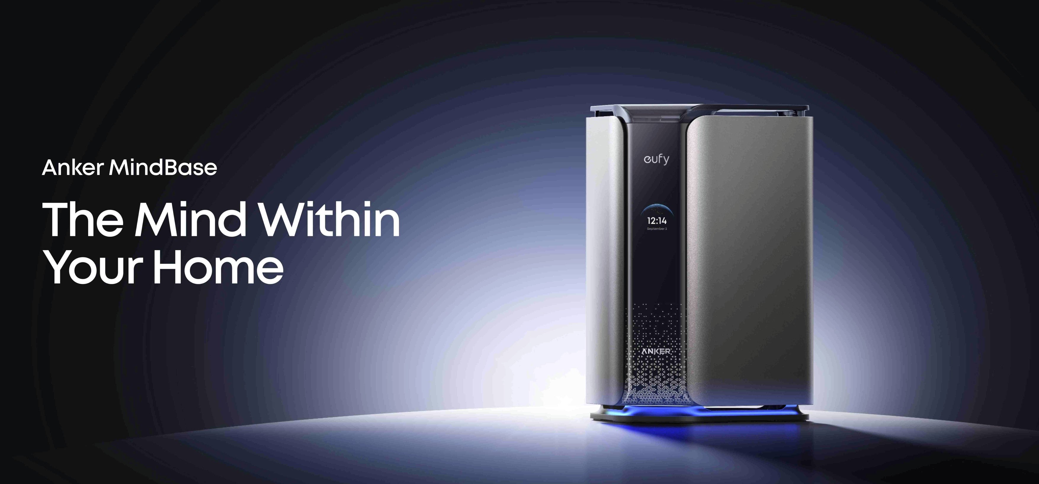Anker’s launch photograph of the silver MindBase hub with a dark front display and blue-lit base