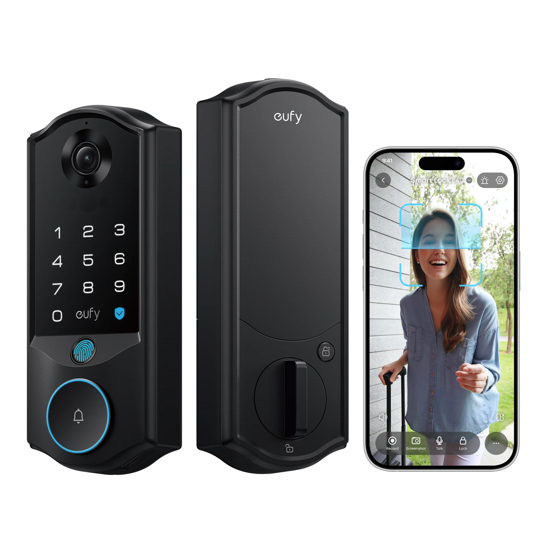 eufy Smart Lock E40 front and rear hardware with an illustrative phone preview