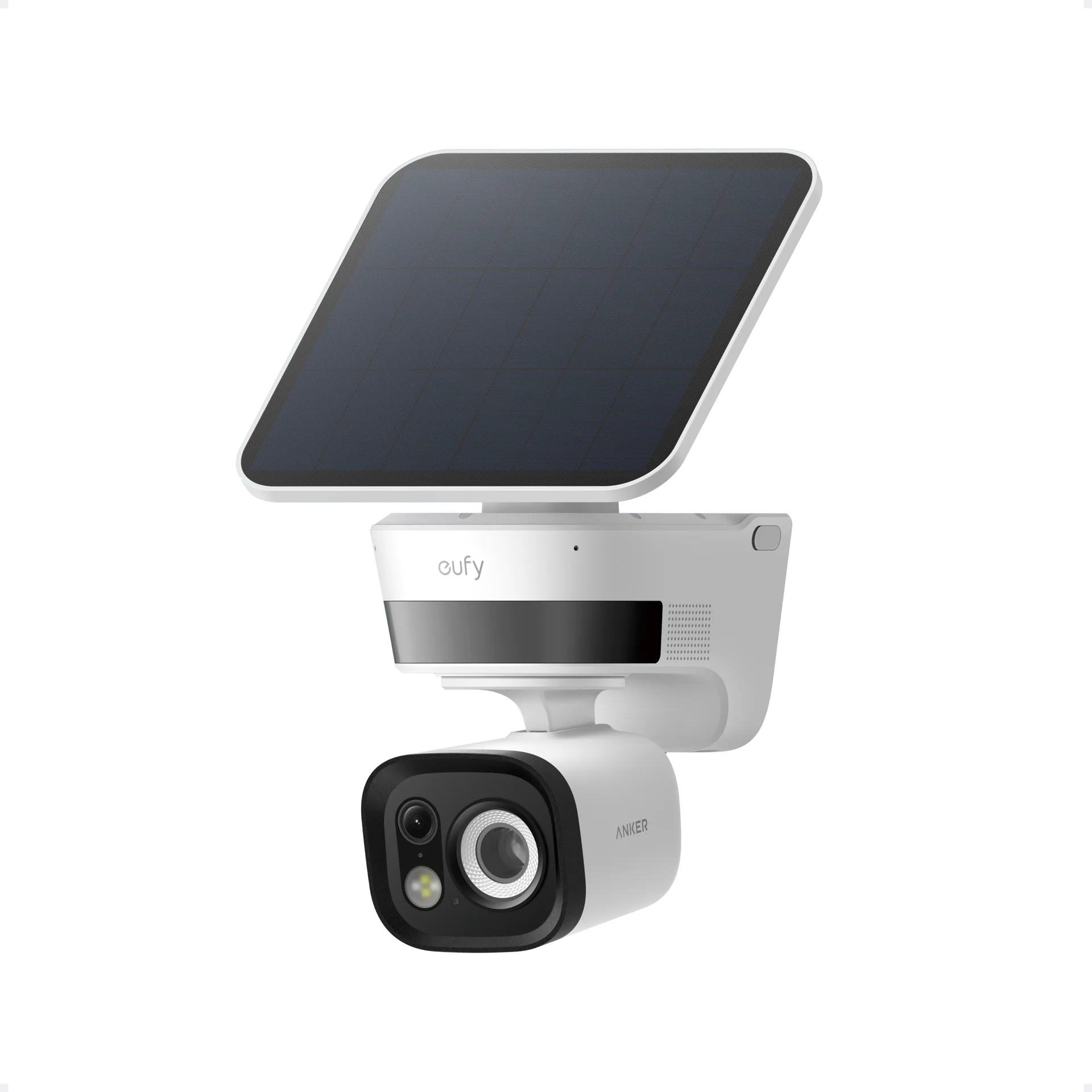Anker eufy TrackLight Cam S1 with a solar panel, radar housing and tracking light around the camera lens