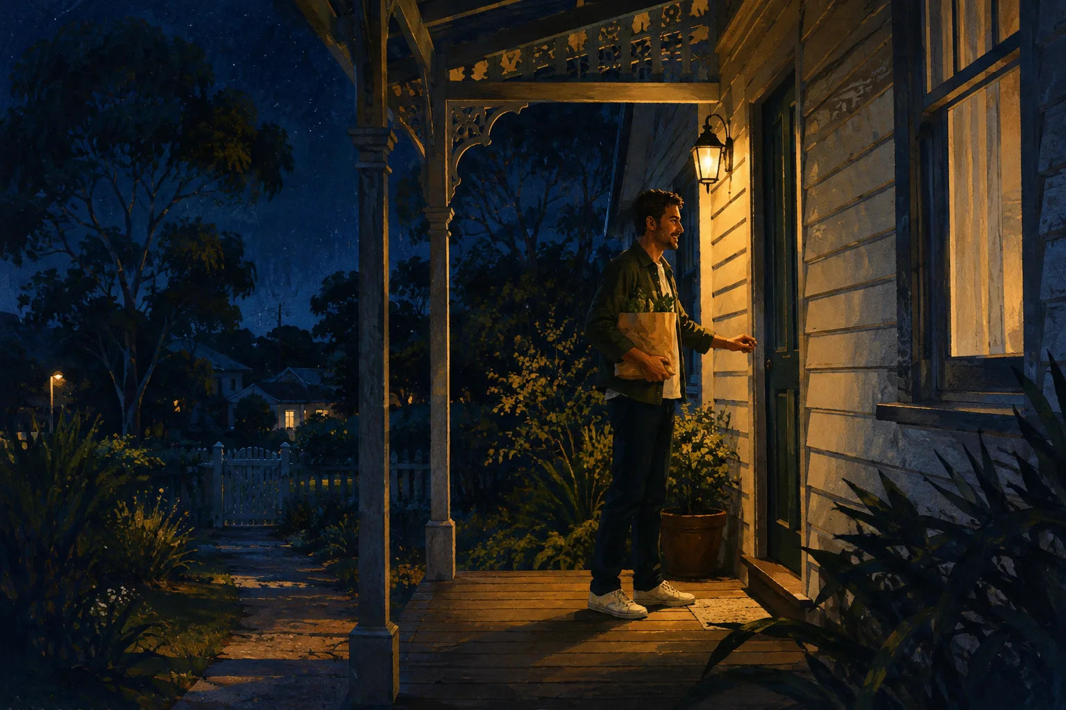 Illustration of a person arriving home with groceries, their face lit by a warm porch lamp.