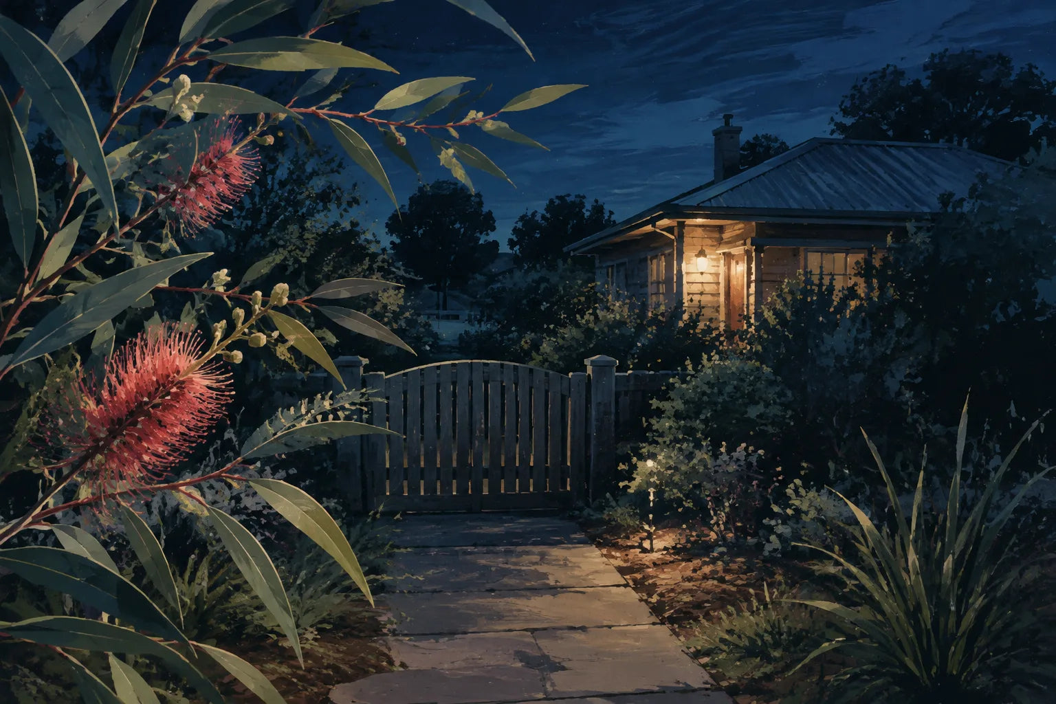 Painted bottlebrush and eucalyptus foliage beside a front path on a breezy evening.