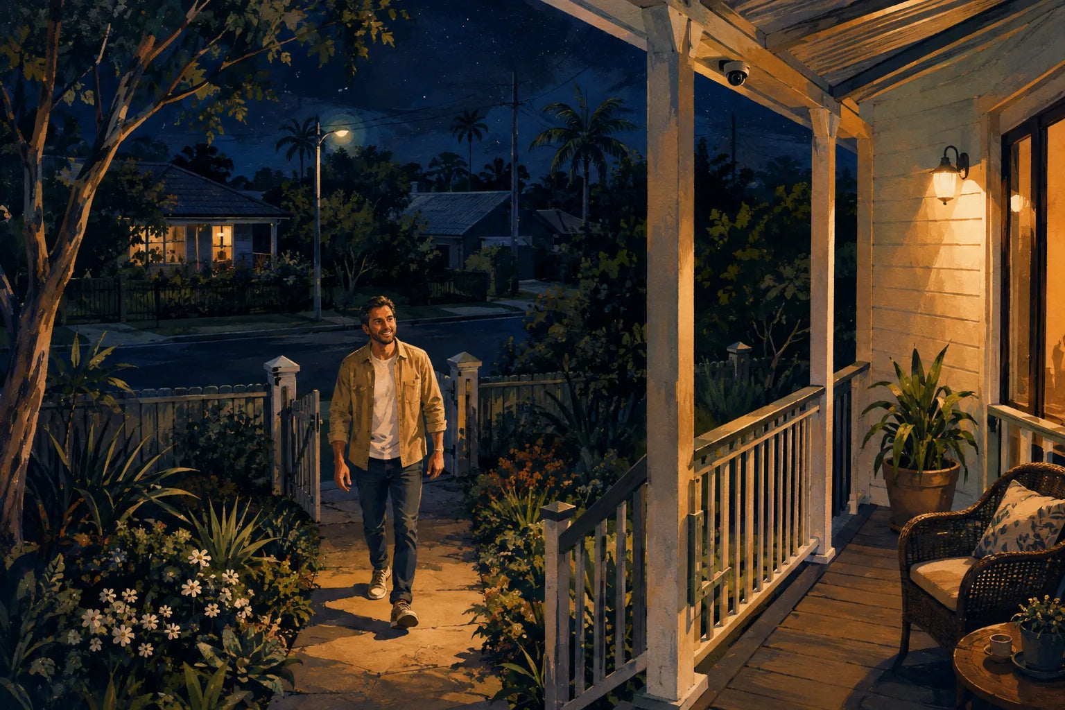 Illustration of a person walking from the front gate towards a warmly lit verandah at night.