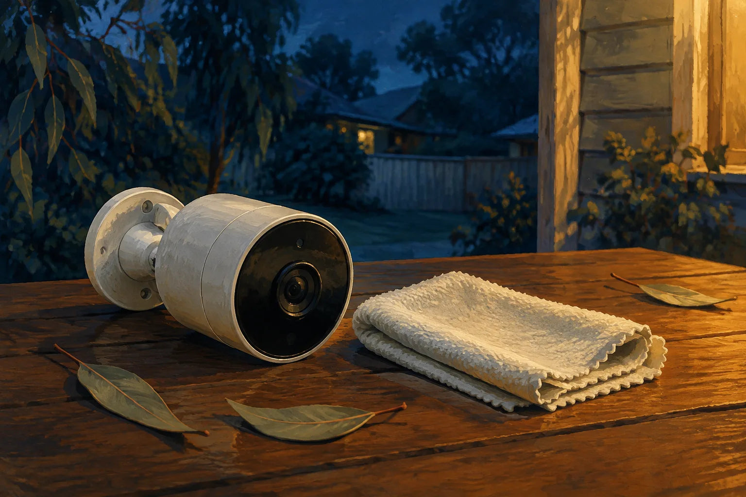 Illustrated unbranded camera and soft cleaning cloth resting on a verandah table.