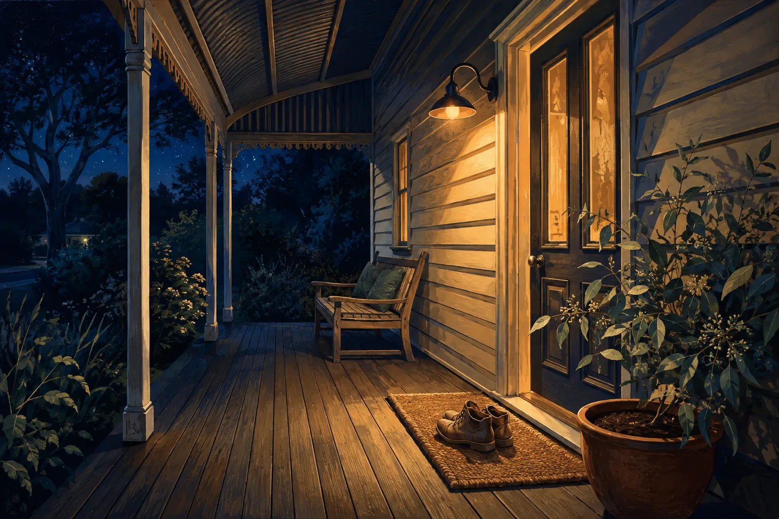 Painted Australian verandah with a warm doorway, outdoor shoes and native greenery.