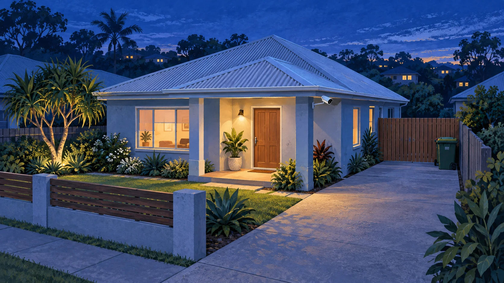 An illustrated Queensland home at dusk, with a warm porch light, a security camera and an open driveway.