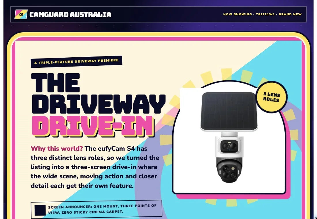 The Driveway Drive-In listing, with bright cinema lettering and a three-lens S4 camera