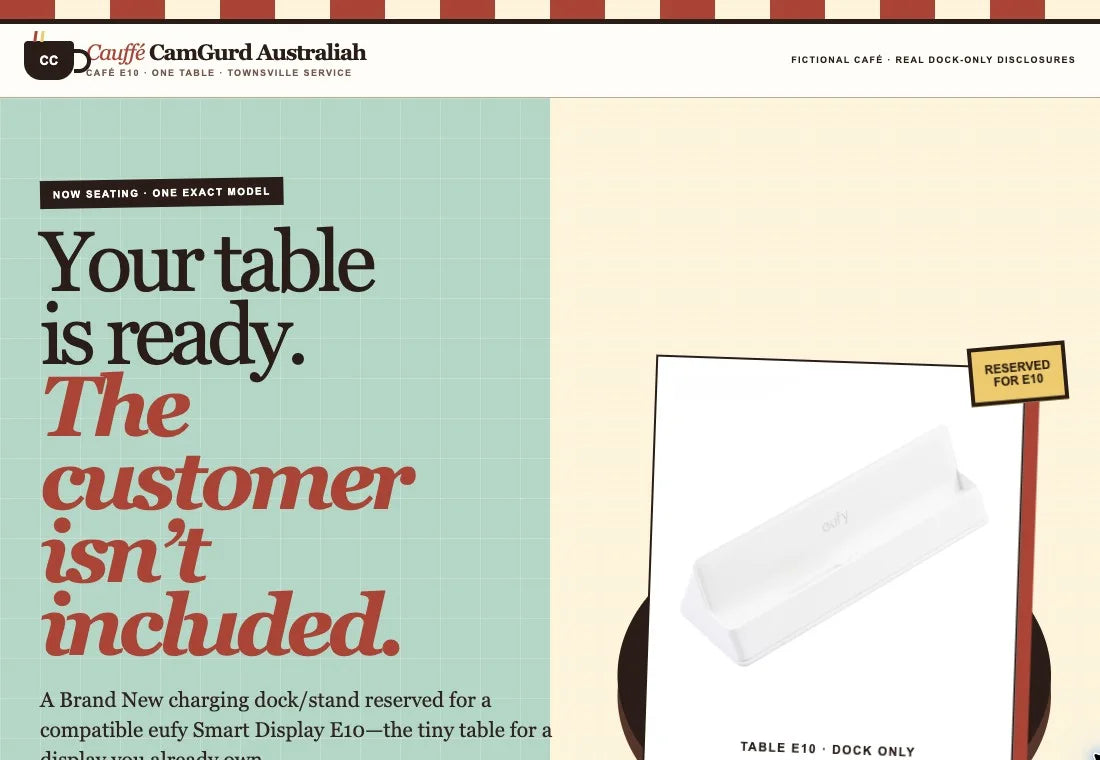 The charging dock product page, styled as a cafe reservation for an E10 display