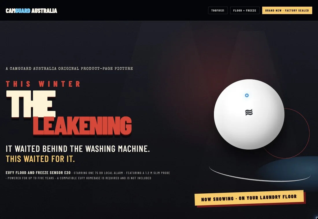 The Leakening flood sensor product page, styled as a dramatic horror film poster
