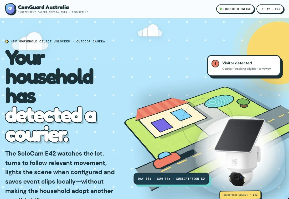 The SoloCam E42 product page, styled as a bright household simulation