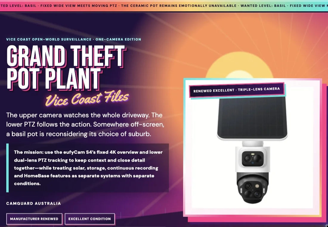 The Grand Theft Pot Plant product page, with a neon suburban crime-game scene