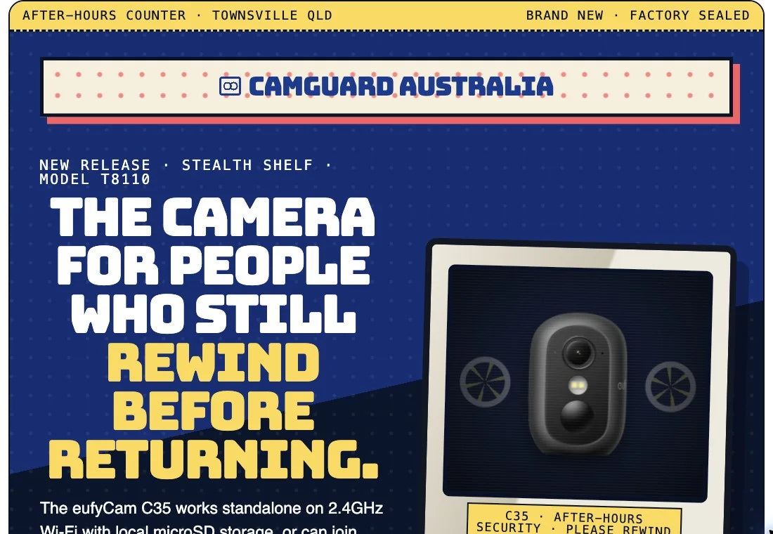 The black C35 product page, styled as an old neighbourhood video shop