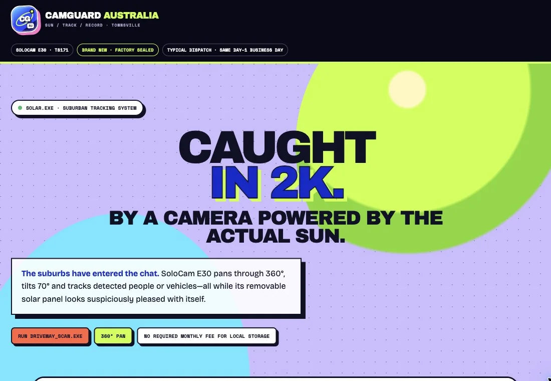 The SoloCam E30 product page, styled as a bright Solar.exe computer desktop