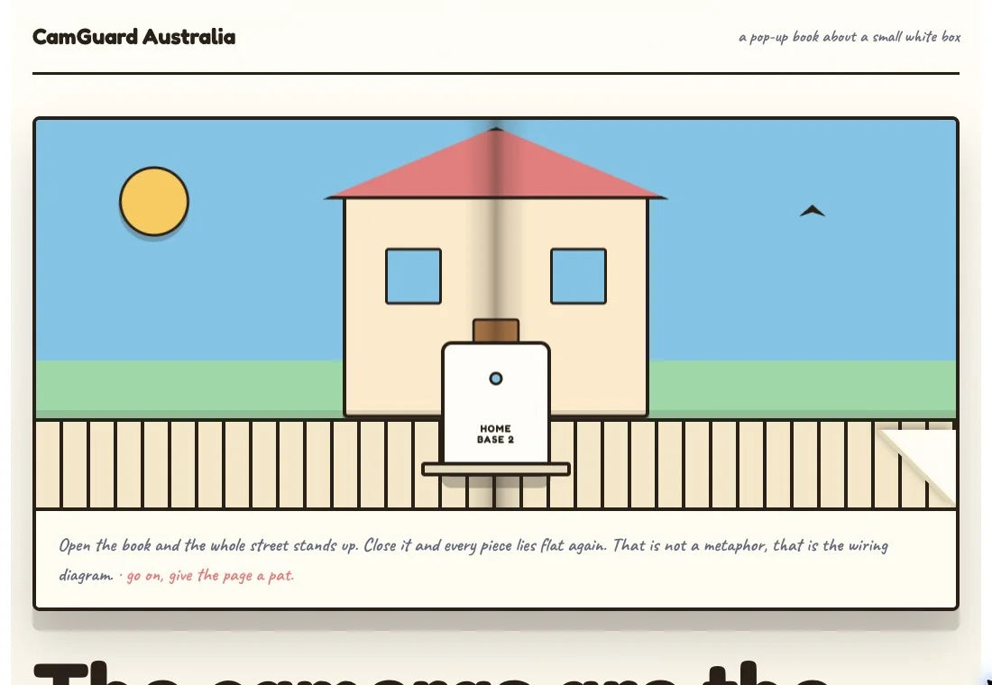 The HomeBase 2 product page, with a colourful folded-paper pop-up neighbourhood