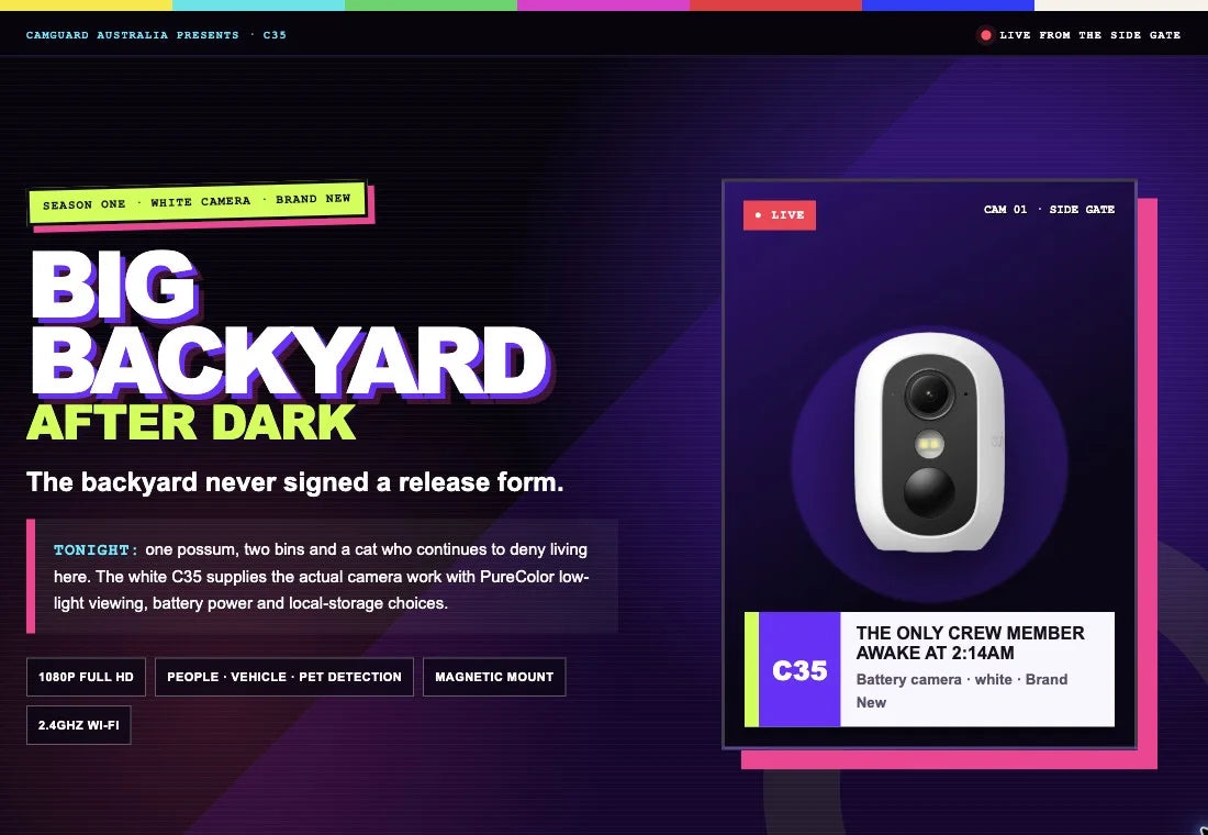 The white C35 product page, styled as a backyard reality television programme