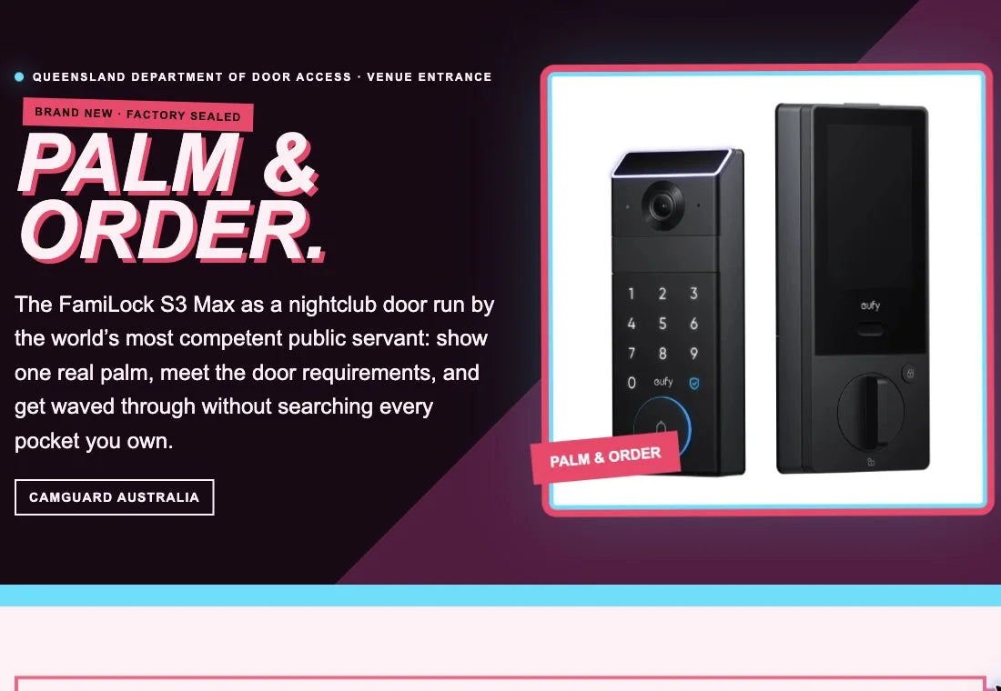The S3 Max lock product page, styled as the Palm and Order courtroom