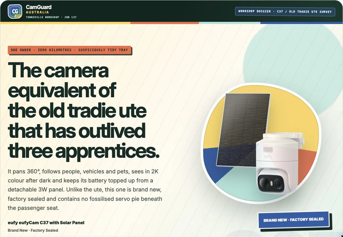 The C37 listing, with a workshop-style poster and camera beside its solar panel